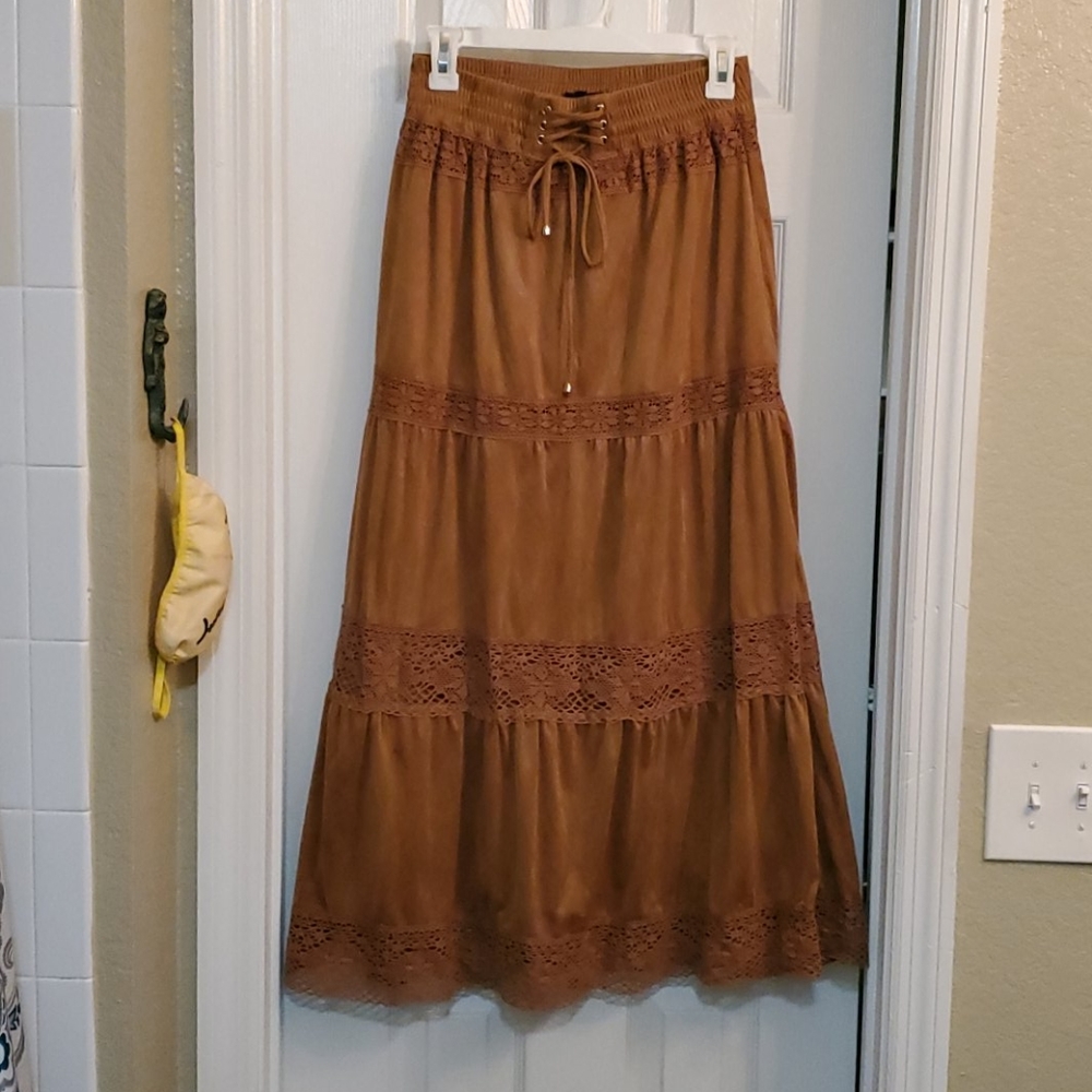 Brown Lace Trim Maxi Skirt